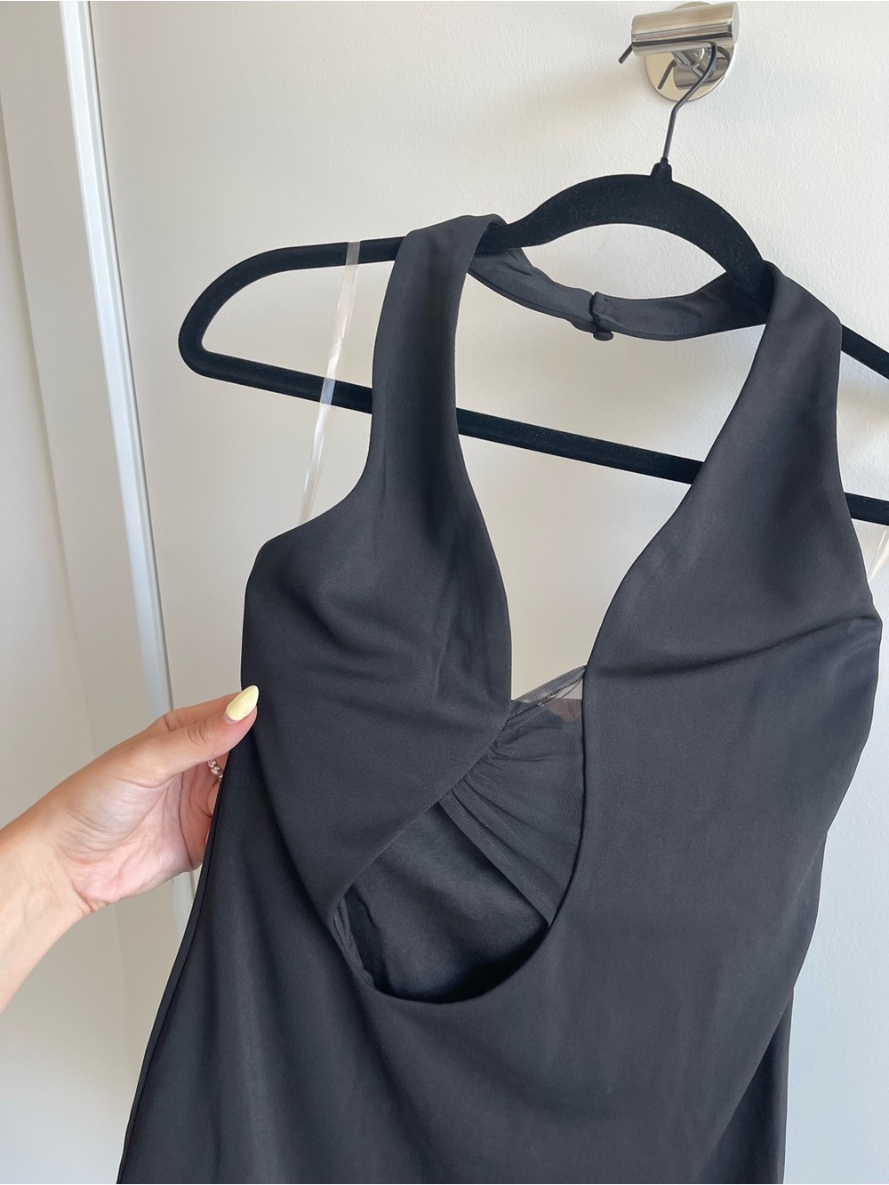 Meshki Aubree Crepe and Mesh Black Cutout Halter Mini Dress - Picture 3 of 8